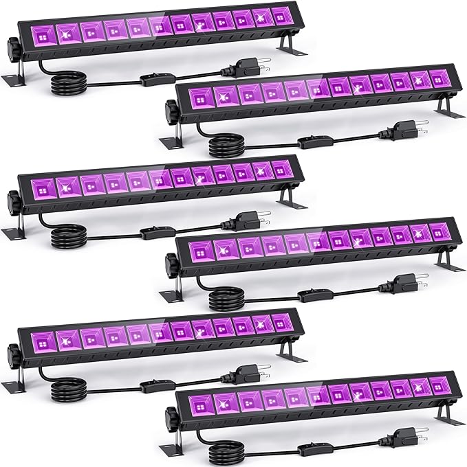 6-Pack UV Black Light Bars 45W, 395NM LED Blacklights for Glow Party, Body Paint, Halloween, Fluorescent Posters, Birthday Decor, IP66 Waterproof