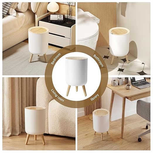 Motion Senor Bathroom Trash Can with Lid, 2.38 Gal Mini Garbage Can, Smart Automatic Touchless Open, Round Decorative Trashcan with legs and Wood Grain Top, for Kitchen Bedroom Office, Plastic, White