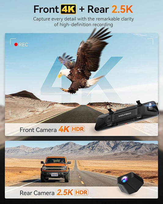 WOLFBOX G900 PRO-N Mirror Dash Cam with 8MP STARVIS 2 IMX678, 12" 4K Front and 2.5K Rear View Mirror Camera, 5.8GHz WiFi, Voice Control, Smart Night Vision, Loop Recording (SD Card Not Included)