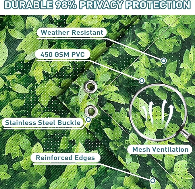 Shade&Beyond 4' X 15' Privacy Fence Screen Customized 450 GSM PVC Printed Privacy Fence with Zip Ties for Courtyards, Pools, Balconies-Green Leaves