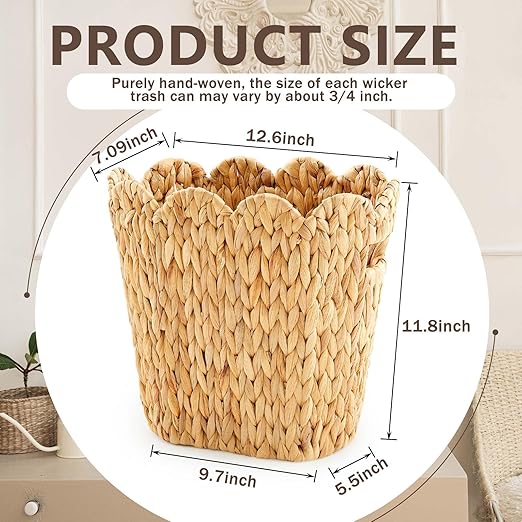 Ziliny 2 Pcs Wicker Trash Can with 50 Small Trash Bag Wicker Waste Woven Basket with Handles Clear Multi Use Garbage Bags for Bathroom Kitchen Bedroom (Calabash Vine,Scalloped Brim)