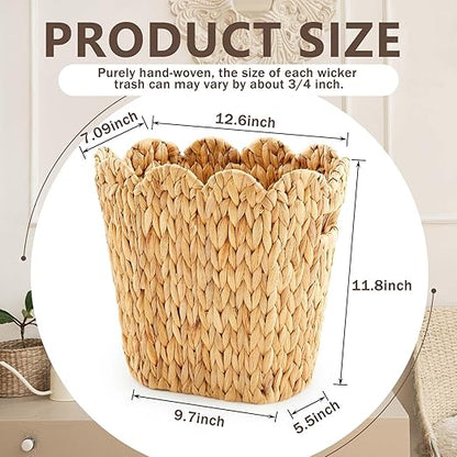 Ziliny 2 Pcs Wicker Trash Can with 50 Small Trash Bag Wicker Waste Woven Basket with Handles Clear Multi Use Garbage Bags for Bathroom Kitchen Bedroom (Calabash Vine,Scalloped Brim)