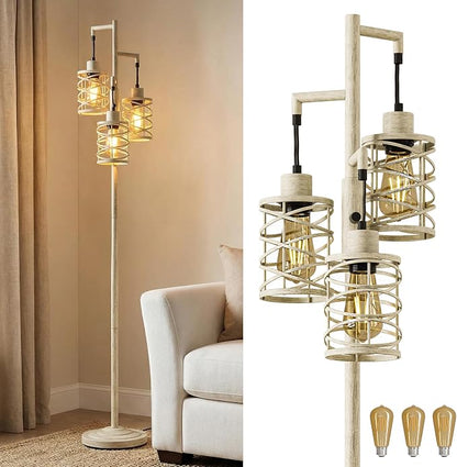 Oneach 70" Industrial Floor Lamp, Stepless Dimmable Standing Lamp with 3 Bulbs, Farmhouse Corner Standing Tree Lamp for Living Room, Tall Lamps for Bedroom, Office, Dining Room, Antique Beige White