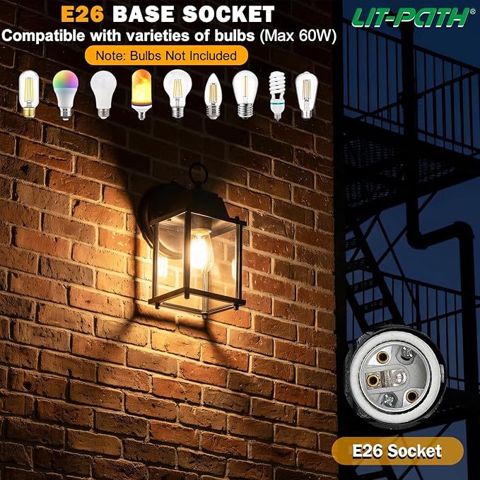 LIT-PaTH Dusk to Dawn Outdoor Wall Lantern, Wall Sconce Waterproof Porch Lighting Fixture, E26 Base, Aluminum Housing with Glass Shade, 1-Pack, Black