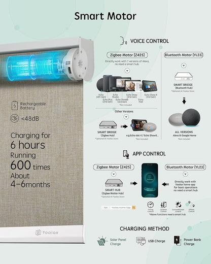 Yoolax Motorized Blinds with Remote, 100% Blackout Smart Roller Shades Work with Alexa, Google, Apple Homekit, Custom Automatic Shades with Voice Control for Bedroom Office (Fabric Beige)