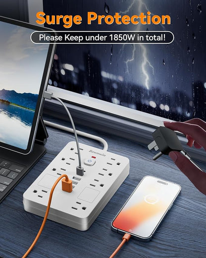 Surge Protector Power Strip - 11 Outlets(1850W/15A/14AWG) with 6 USB Ports(2 USB C), 6/13FT Flat Plug Extension Cord, Wall Mount, Black, ETL Listed for Home, Dorm Room