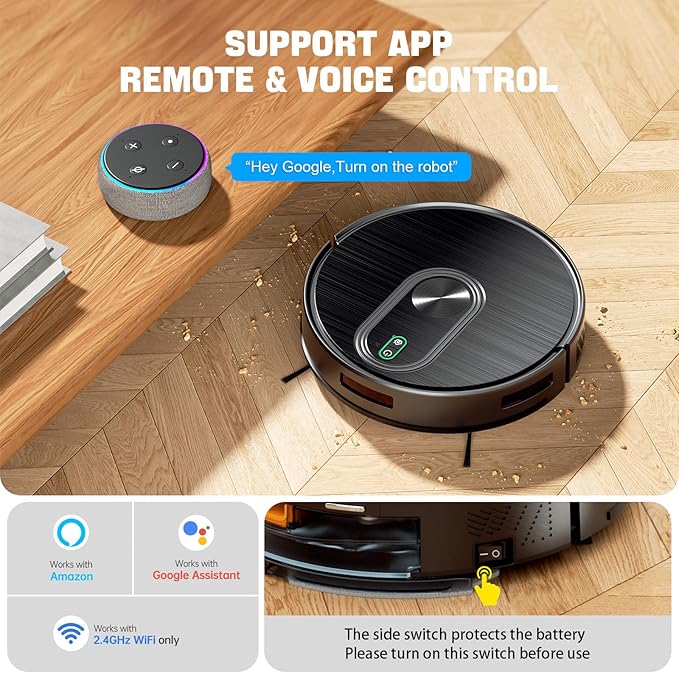 Robot Vacuum and Mop Combo, 6500Pa Strong Suction, 2 in 1 Robotic Vacuum with Gyro Inertial Navigation, 200 Min Runtime, App/Wi-Fi/Voice Control, Slim, for Pet Hair, Hard Floor, Carpet