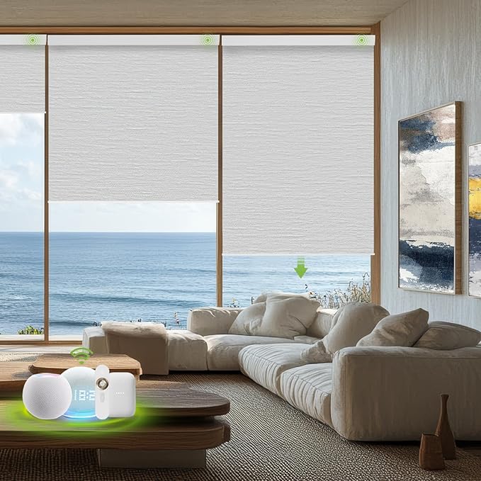 Motorized Blinds with Remote，100% Blackout Smart Blinds Motorized Roller Shades Compatible with Alexa Automatic Blinds for Windows Electric Window Blinds Customized Size White