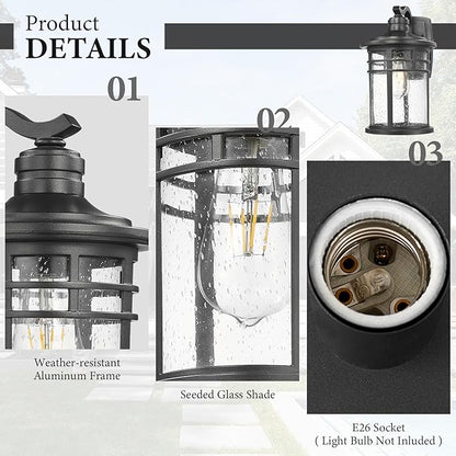 Darkaway Large Outdoor Porch Lights Wall Mount, 15inch Outdoor Light Fixtures Sconces Wall Lighting with Seeded Glass Exterior Lights for Patio Yard House Hallway Doorway Garage(Large, Black)