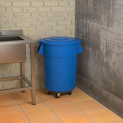 55 Gallon Blue Round Commercial Trash Can with Lid and Dolly, Heavy-Duty Food Grade NSF Certified, Perfect for Restaurant, Office, School, Garage, Backyard, Workshop, Warehouse