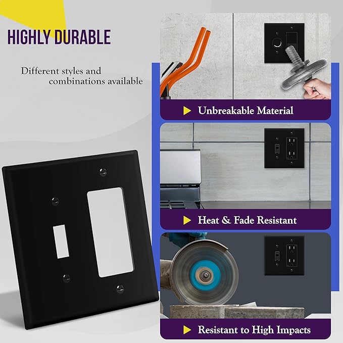 ENERLITES Combination Toggle Light Switch/Decorator Light Switch Plate, Double Switch Wall Plate, Mid-Size 2-Gang 4.88" x 4.92", Polycarbonate Thermoplastic, 881131M-BK, Black