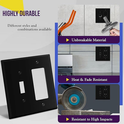 ENERLITES Combination Toggle Light Switch/Decorator Light Switch Plate, Double Switch Wall Plate, Mid-Size 2-Gang 4.88" x 4.92", Polycarbonate Thermoplastic, 881131M-BK, Black