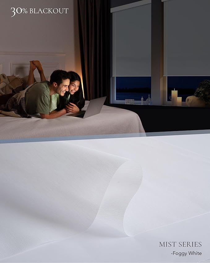 Motorized Light Filtering Shades Compatible with Alexa Google Smart Blinds Automatic Window Shade Remote Control 30% Blackout Foggy White