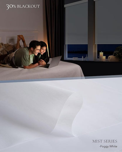 Motorized Light Filtering Shades Compatible with Alexa Google Smart Blinds Automatic Window Shade Remote Control 30% Blackout Foggy White
