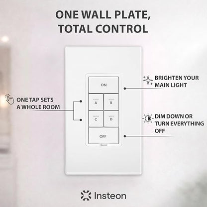 Insteon 6-Button Dimmer Keypad, in-Wall Smart Scene Controller - 2334-232 | Controls Up to 5 Devices, 150W LED, Dual-Band Smart Switch, Neutral Wire Required, Hub Required for Alexa & Google Assistant