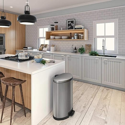 Home Zone Living 12 Gallon Semi-Round Kitchen Trash Can with Soft Close Lid, Step Pedal, Bag Tuck Band, and Removable Liner, Stainless Steel, Silver
