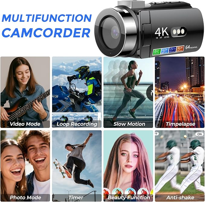 4K Video Camera Camcorder Ultra HD 64MP Vlogging Camera for YouTube 28X Digital Zoom 270° Rotation Screen 3.0" Vlog Camera with Night Vision Video Recorder with WiFi Connection