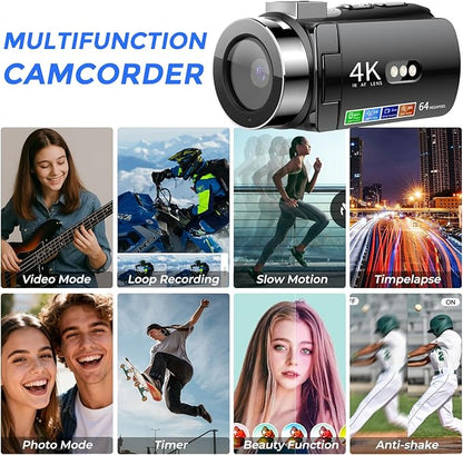 4K Video Camera Camcorder Ultra HD 64MP Vlogging Camera for YouTube 28X Digital Zoom 270° Rotation Screen 3.0" Vlog Camera with Night Vision Video Recorder with WiFi Connection