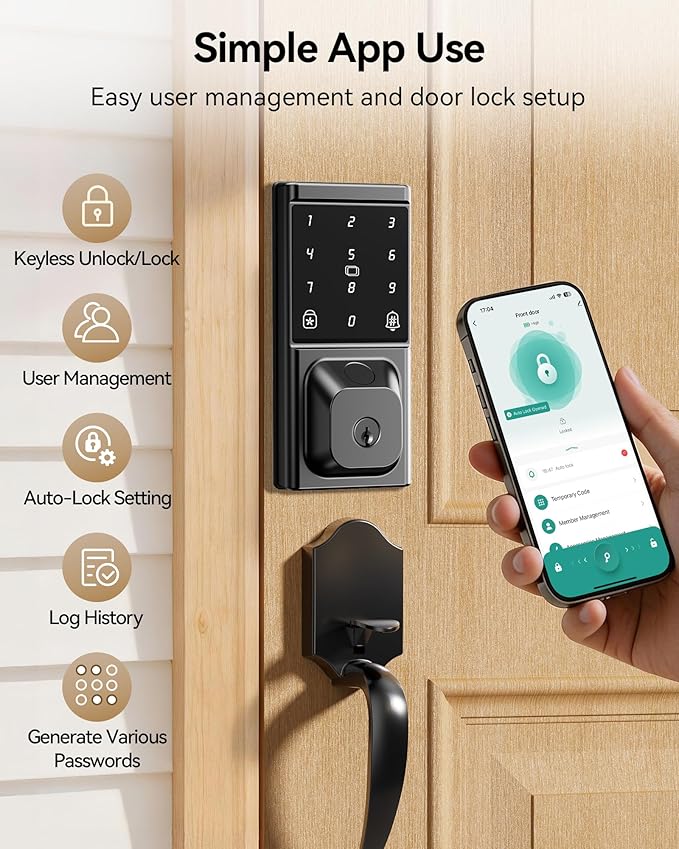 Smart Door Lock with Handle Set, Keyless Entry Door Lock for Front Door, Fingerprint, APP Control, Touchscreen Keypad Deadbolt, Temporary Passcode, Auto Lock, IP54 Waterproof, Easy Install