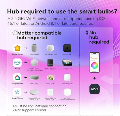 OREiN Matter Smart Light Bulb, 1600 Lumens 100W Equivalent Smart Light Bulbs, Color Changing Light Bulbs Work with Apple Home, Alexa, Google Home, SmartThings, A21 Smart Bulbs 2.4Ghz WiFi, 2Pack
