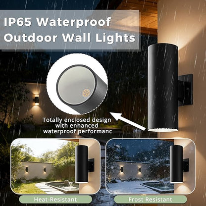 Outdoor Wall Lights 2 Pack, 12'' Up and Down LED Cylinder Exterior Lighting Fixtures, 23W 3000K IP65 Waterproof Wall Sconces for House, Garage, Patio, Porch, Black