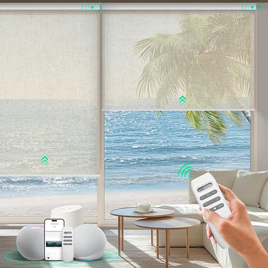 HeyBlinds Motorized Blinds with Remote, Smart Roller Shades with App & Voice Control, Work with Alexa Google HomeKit, Light Filtering Custom Window Shades for Living Room Office (Nature-Linen LF)