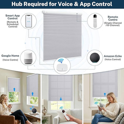 Motorized No Drill Cordless Cellular Shades, 1.5" Smart Electric Honeycomb Blind with Remote Control, Automatic No Drill Cellular Shades for Home and Office Indoor Window, Light Filtering Grey