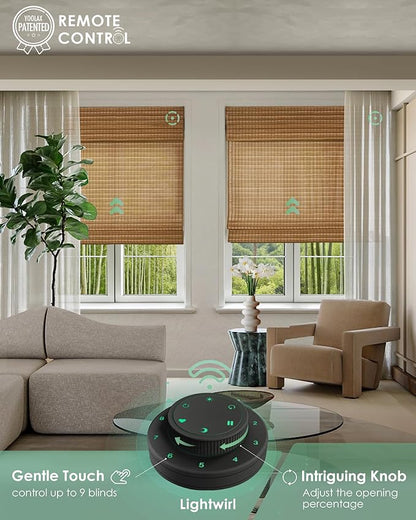 Yoolax Motorized Bamboo Roman Shades with Remote, Smart Roman Shades for Indoor Windows, Automatic Blinds Compatible with Alexa Google Home, Custom Size, Bamboo Wide Light Brown