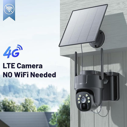 KKB 4G LTE Cellular Security Camera, No WiFi Security Camera Outdoor Built-in SIM Card and 64GB SD Card, Solar Powered, 2K Wireless Cam Color Night Vision, PIR Motion Sensor, PTZ 355° View, 2-Way Talk