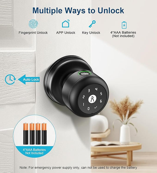 Fingerprint Door Lock, Smart Fingerprint Door Knob with Lock, Biometric Door Locks with App Control & Key, Keyless Thumbprint Entry Door Locks for Bedroom, Front Door, Apartment- Black