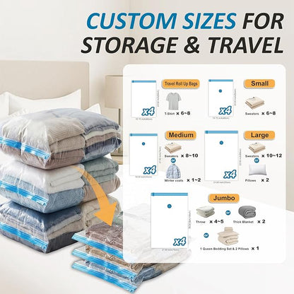 Vacuum Storage Bags with Hand Pump, Vacuum Seal Space Saver Bags,20 Combo | 80% Space-Saving Bags for Clothing, Blankets, Pillows, Bedding & Comforters; Multi-Size Variety Pack for Home & Travel