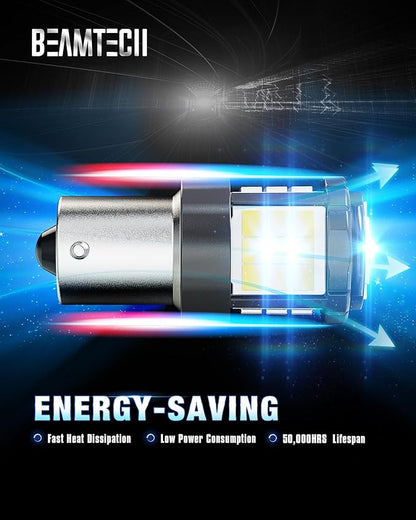 BEAMTECH Upgraded 1156 LED Bulbs for Turn Signal Lights, Build-in CANBUS, 6500K White Super Brighte, 1141 1003 7506 BA15S Reverse Back Up Lights, Tail Brake Parking Lights, Pack of 2