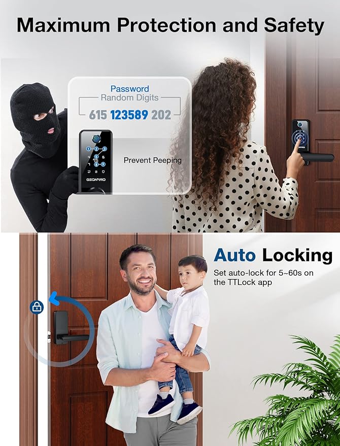 GEONFINO Smart Door Lock with Handle, 6-in-1 Fingerprint Keyless Entry Door Lock, Electronic Digital Deadbolt with Handle, Smart Lock Set Compatible with Alexa (Gateway Included)