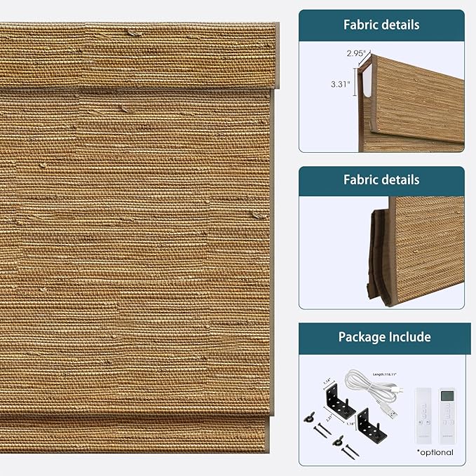 Motorized Roman Shades with Remote,Wooden Blinds Compatible with Alexa/Google/Apple Homekit,Natural Woven Wood Blinds,Customized Size,Crocheting Dark Brown
