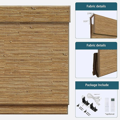 Motorized Roman Shades with Remote,Wooden Blinds Compatible with Alexa/Google/Apple Homekit,Natural Woven Wood Blinds,Customized Size,Crocheting Dark Brown
