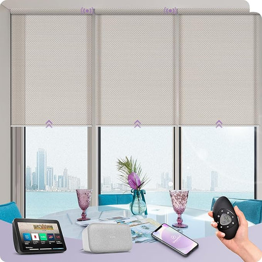 Graywind Motorized Solar Shades Light Filtering Mesh Shade Compatible with Alexa Google Remote Control Window Blinds with Valance for Smart Home Office Business, Custom Size (3% Openness Beige)