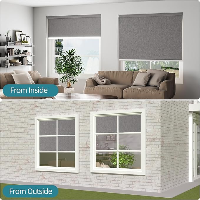 Changshade Custom Size Cordless Roller Shades with Valance, Blackout Roller Shades for Windows Roll-up Fabric Blinds with Thermal Insulated for French Door, Easy Installation Deep Grey