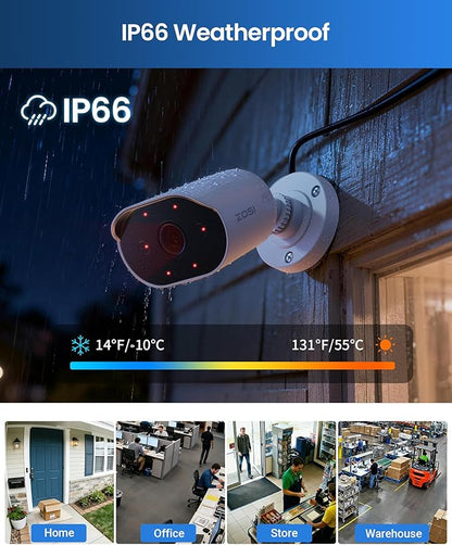 ZOSI 1080P HD Add On Camera, 2MP Indoor Outdoor Surveillance Home Security Camera with One-Way Audio, Night Vision, AI Human Vehicle Detection, IP66 Weatherproof, Only Work with ZOSI CCTV DVR