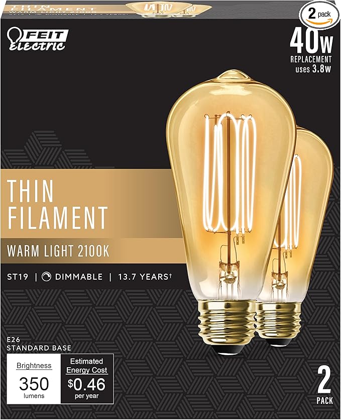 Feit Electric ST19 Vintage Edison LED Light Bulb, 40W Equivalent, Dimmable, 2100 Warm Light, E26 Base, Amber Glass Thin Filament Lighting Bulbs, 15,000-Hour Lifetime, ST1940/VG/TFIL/2, 2 Pack