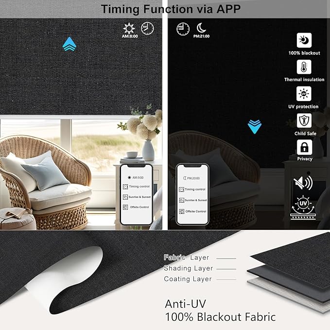 Aprilsmart Motorized Blinds with Remote,Compatible with Apple HomeKit Alexa Google Home- Voice and app Control,Motorized Roller Shades 100% Blackout Custom Size(Bermuda Basalt-24)