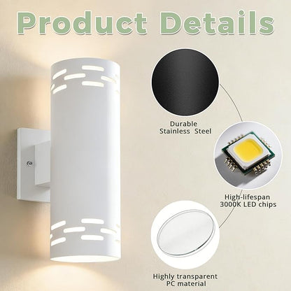 Dusk to Dawn Modern Outdoor Wall Lights 2 Pack, 12'' Up and Down LED Cylinder Exterior Lighting Fixtures, 23W 3000K IP65 Waterproof Wall Sconces for House, Garage, Patio, Porch, White