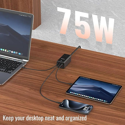 NENJI 75W GaN USB C Charger Station, Super Fast Charging 8-in-1 Power Strip with 5 USB & 3 AC Ports, Smart Charging, PD Charger for iPhone, Samsung, iPad, MacBook – Desktop & Travel-Friendly – Black