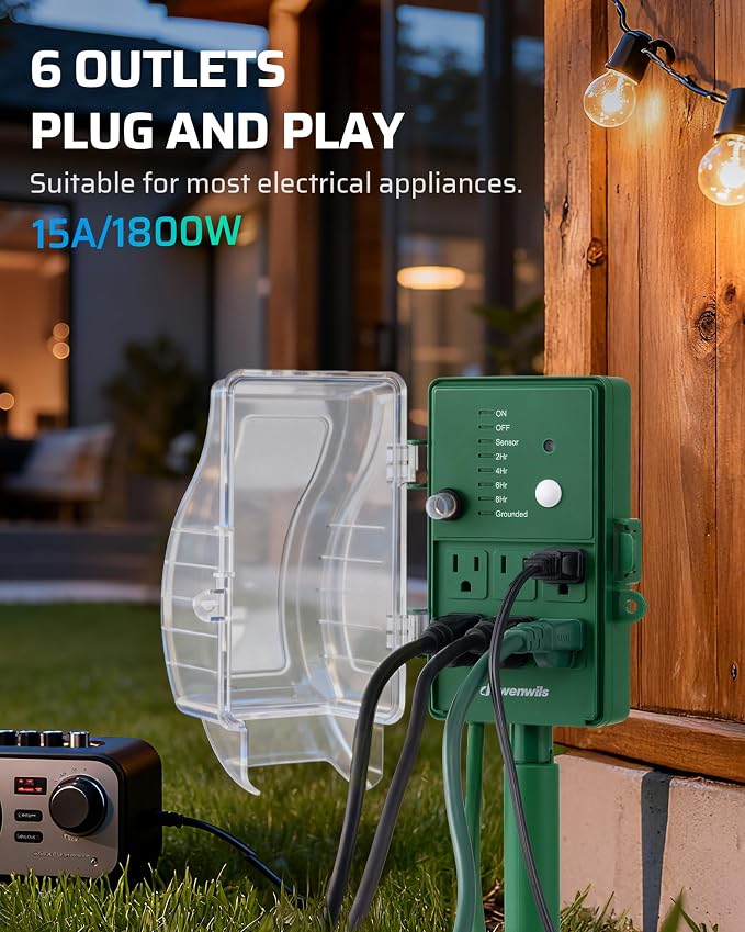 DEWENWILS Outdoor Power Stake Timer, Dusk to Dawn Timer with 6 Outlets | 1800W/15A, 6ft Extension Cord, Waterproof Cover, Overload Protection, Works for Yard, Garden, Patio Lights, ETL Listed