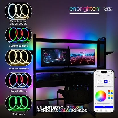 Enbrighten Vibe Spectrum LED Neon Rope Lights, Indoor Smart Light | Color Changing RGBWIC LEDs for Bedroom with Tunable White, Alexa & Google Home Compatible, 16ft, White 83254