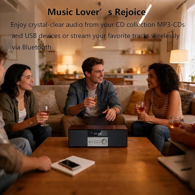 LONPOO Stereo Shelf System for Home, Vintage CD Player 40W RMS Micro Mini System with Remote Control, Bluetooth, FM Radio, USB MP3 Playback & Aux-in,Brown