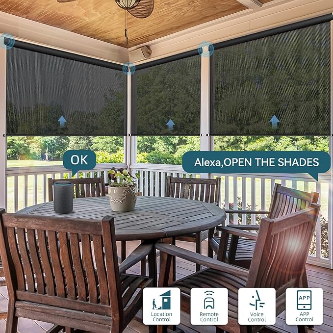 Motorized Outdoor Roller Shades,Patio Roll Up Blind Work with Alexa,Google Home,Apple Homekit,Remote Control Sun Shade,Waterproof &Windproof Smart Blinds for Porch,Sirus Black,3% openess