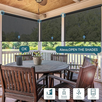 Motorized Outdoor Roller Shades,Patio Roll Up Blind Work with Alexa,Google Home,Apple Homekit,Remote Control Sun Shade,Waterproof &Windproof Smart Blinds for Porch,Sirus Black,3% openess