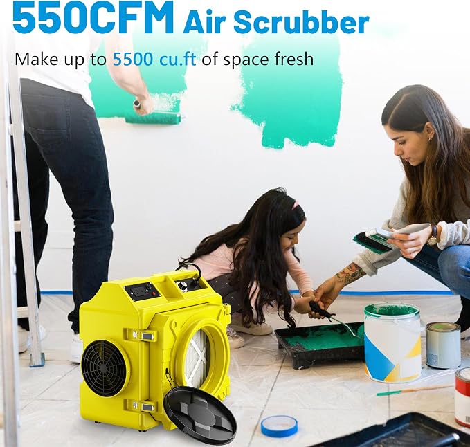 550CFM Air Scrubber, Stackable Negative Air Machine with 3-Stage Filtration, MERV10 Pre-Filter, Activated Carbon & H13 HEPA Air Cleaner for Home, Commercial & Industrial Restoration, Yellow 2PC