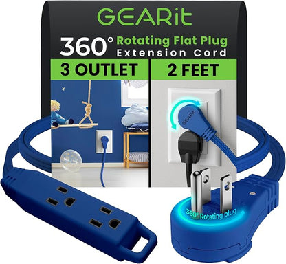 GEARit 2 ft 360° Rotating Flat Plug Extension Cord, 3 Outlet Low Profile Power Cord, 16 AWG 13A 3 Prong Grounded Indoor Cord, ETL Listed, Space-Saving for Furniture, Navy