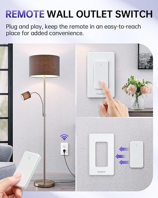 Remote Control Outlet, Wireless Wall Mounted Light Switch, 15A/1500W Remote Plug in On Off Switch for Lamps & Household Appliances, No Wiring, 300 FT RF Range, Compact Design, TUV Listed